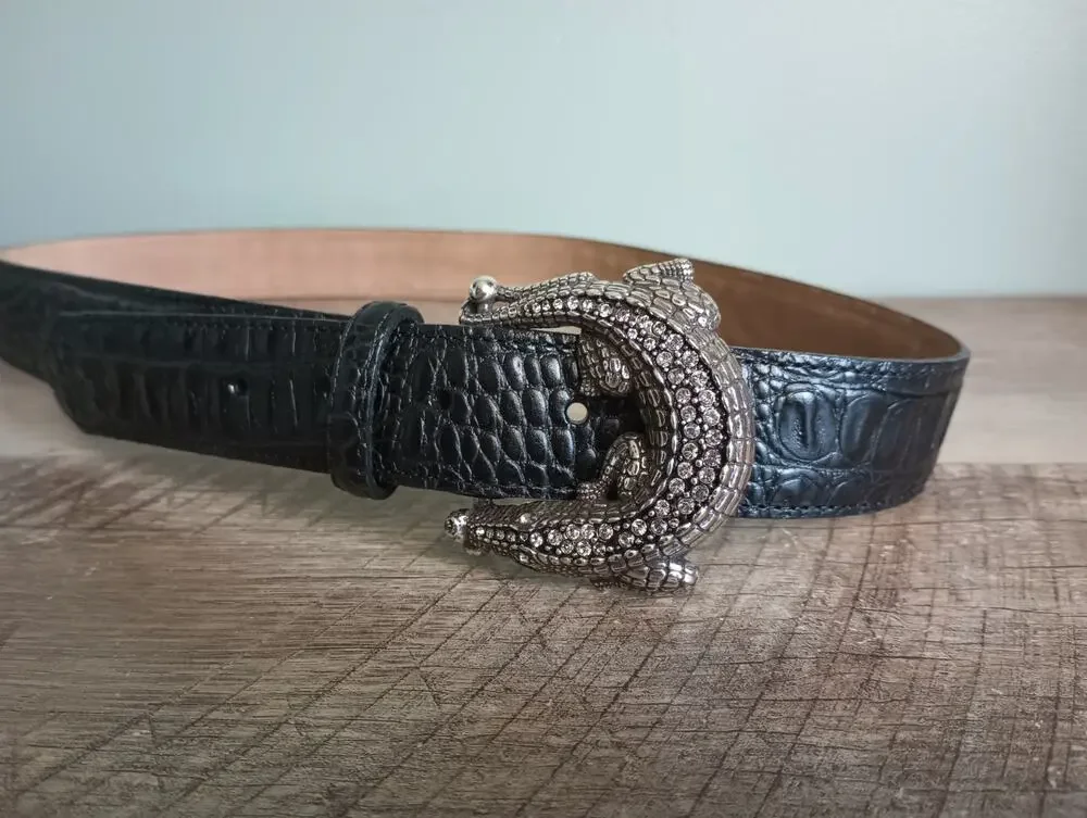 Brighton Womens Alligator Buckle Embossed Leather Belt 36 Luxury Exotic Western
